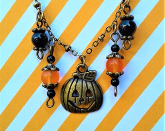 Naszyjnik na Halloween Naszyjnik z dynią Biżuteria jesienna Antyczny brąz Urok Jacka O Lantern Naturalny kamień szlachetny Pomarańczowy Topaz Czarny Onxy Agat Kamień szlachetny