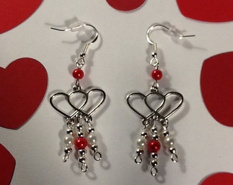 Heart Earrings Valentine's Earrings Valentine Jewelry Double Heart Dangle Earrings Handmade Valentine's Gift for Her Czech Pearl Earrings