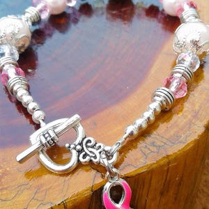 Breast Cancer Awareness Bracelet, Breast Cancer Bracelet, Pink Pearl Cancer Bracelet, Pink Enamel Ribbon Charm, Pink Strong, Hope, Faith
