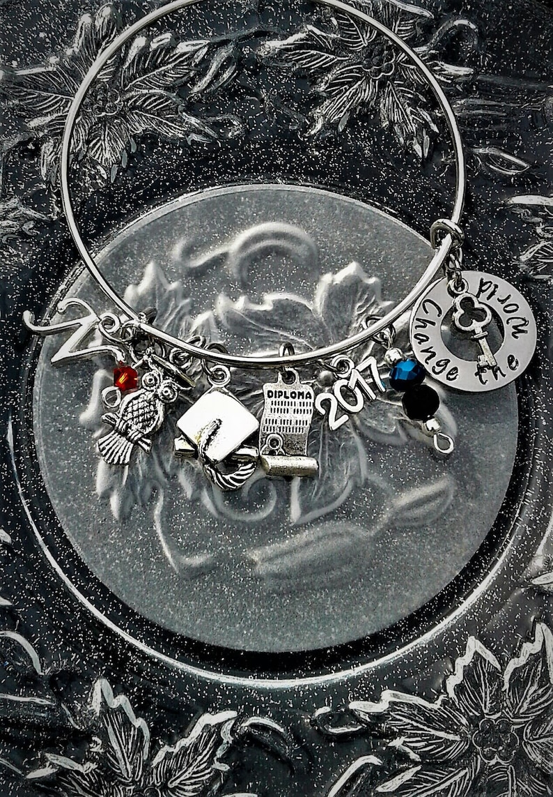 Personalized Graduation Bracelet Custom Graduation Bangle Class of 2019 Graduation Gift Jewelry Change the World Hand Stamped Charm Inital