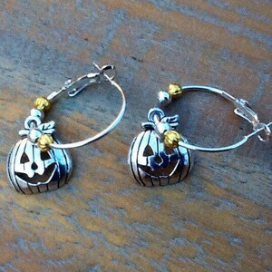 Halloween Earrings, Pumpkin Hoop Earrings, Silver Pumpkin Earrings, Pumpkin Charms, Holiday Earrings, Sterling Silver Plated Hoop Earrings