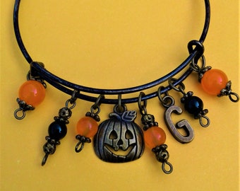 Bransoletka z dyni Halloween Bransoletka na Halloween Antyczny brąz Dynia Jack O Lantern Charms Jesień Jesień Pomarańczowy Topaz Czarny Onyks Kamienie szlachetne Prezent