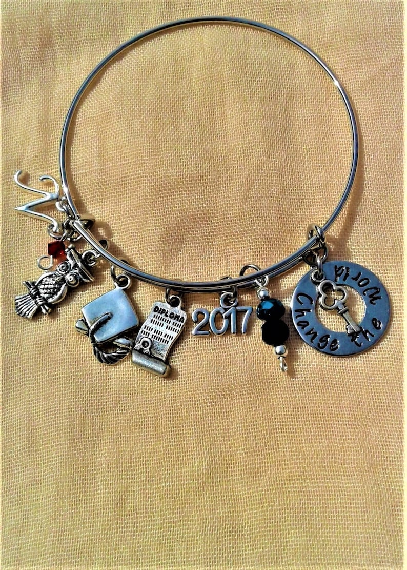 Personalized Graduation Bracelet Custom Graduation Bangle Class of 2019 Graduation Gift Jewelry Change the World Hand Stamped Charm Inital