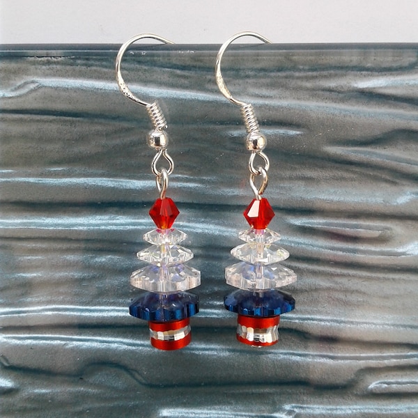 Americana 4th of July Earrings, Independence Day Earrings, Patriotic Earrings, USA Proud Earrings, Swarovski Tree Earrings , Sterling Silver