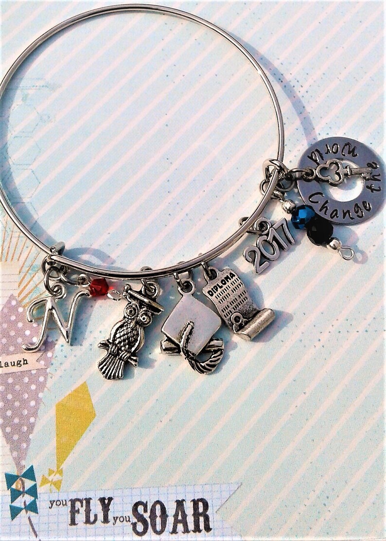 Personalized Graduation Bracelet Custom Graduation Bangle Class of 2019 Graduation Gift Jewelry Change the World Hand Stamped Charm Inital
