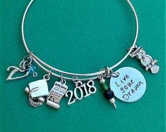 Custom Graduation Charm Bracelet Graduation Bangle Gift Class of 2019 Graduation Jewelry Live Your Dream Hand Stamped Personalized Initial