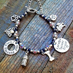 Rescued Dog Charm Bracelet, Customized Dog Bracelet, Love My Rescued Dogs, Personalized Pet Charm Bracelet, Hand Stamped, Swarovski Crystals