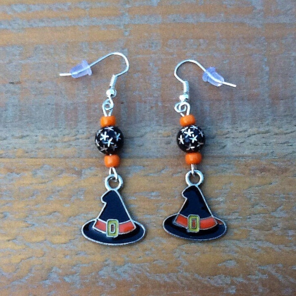 Halloween Earrings, Enamel Witch's Hat Earrings, Witch's Hat Earrings, Witch's Hat Charms, Sterling Silver Earrings, Orange and Black