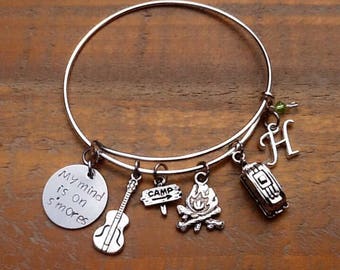 My Mind is on S'mores, Custom Camping Charm Bracelet, Custom Campfire Bangle Bracelet, Personalized Hand Stamped Camper Charm Bracelet, Gift