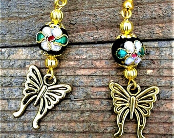 Butterfly Earrings, Cloisonne Earrings, Butterfly Charms, Vintage Style Cloisonne Beads, Flower Cloisonne, Gold Tone Cloisonne Jewelry, Gift