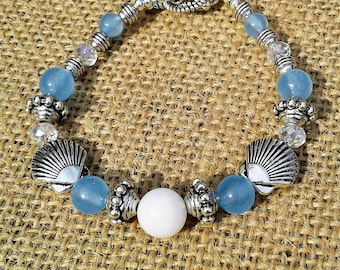 Bransoletka plażowa, brazylijska bransoletka z akwamarynu, zawieszka z muszli małży, naturalny niebieski kamień chalcedonowy, kamień szlachetny tridacna, morskie życie