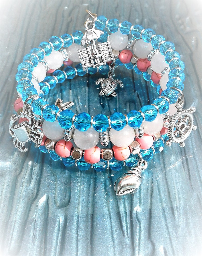 Beach Bracelet Tropical Blue Crystal Beach Wire Wrap Bracelet Etsy