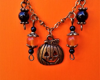 Naszyjnik na Halloween Naszyjnik z dynią Biżuteria jesienna Antyczny brąz Urok Jacka O Lantern Naturalny kamień szlachetny Pomarańczowy Topaz Czarny Onxy Agat Kamień szlachetny