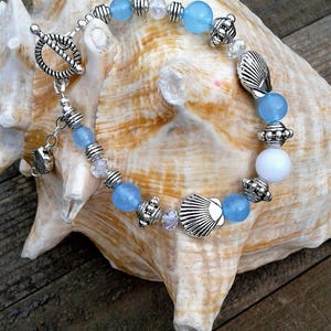 Strand armband Braziliaanse aquamarijn armband clam shell charme natuurlijke blauwe chalcedoon edelsteen tridacna edelsteen nautische zee leven handgemaakt