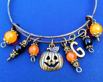 Bransoletka z dyni Halloween Bransoletka na Halloween Antyczny brąz Dynia Jack O Lantern Charms Jesień Jesień Pomarańczowy Topaz Czarny Onyks Kamienie szlachetne Prezent