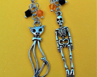 Halloween Niepasujące Kolczyki Upiorny Halloween Gotycka Biżuteria Straszny Szkielet Wiedźmy Kot Urok Czarny Pomarańczowy Kryształy Swarovskiego Srebrne Ucho