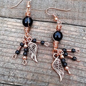 Bohemian Copper Wire Wrapped Earrings Black Onyx Wing Earrings Rose Gold Earrings Natural Onyx Gemstone Earrings Wire Wrapped Edgy Jewelry