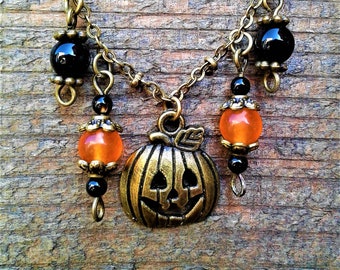 Naszyjnik na Halloween Naszyjnik z dynią Biżuteria jesienna Antyczny brąz Urok Jacka O Lantern Naturalny kamień szlachetny Pomarańczowy Topaz Czarny Onxy Agat Kamień szlachetny