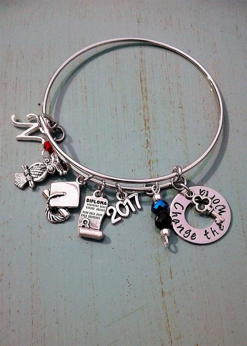 Personalized Graduation Bracelet Custom Graduation Bangle Class of 2019 Graduation Gift Jewelry Change the World Hand Stamped Charm Inital
