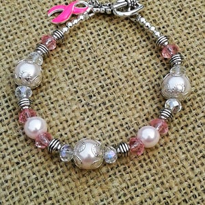 Breast Cancer Awareness Bracelet, Breast Cancer Bracelet, Pink Pearl Cancer Bracelet, Pink Enamel Ribbon Charm, Pink Strong, Hope, Faith
