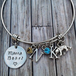 Mama Bear Bangle Custom Mama Bear Bracelet Personalized Mother Charm Family Initals Birthstones Mama Jewelry Handstamped Bangle Bear Charms