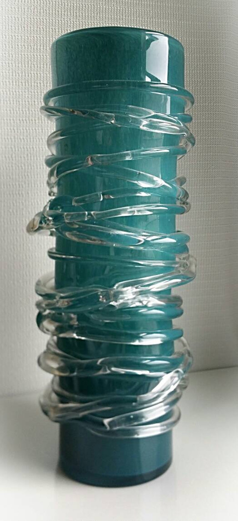 Rare Art Glass Vase By ZODAX Curacao Blue Glass Hurricane Vase Maldive Collection Mouth Blown Art Glass Vase Vintage Wedding Centerpiece il 794xN 4nah