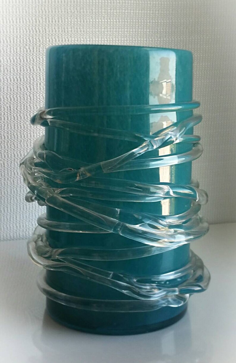 Rare Art Glass Vase By ZODAX Curacao Blue Glass Hurricane Vase Maldive Collection Mouth Blown Art Glass Vase Vintage Wedding Centerpiece il 794xN m247