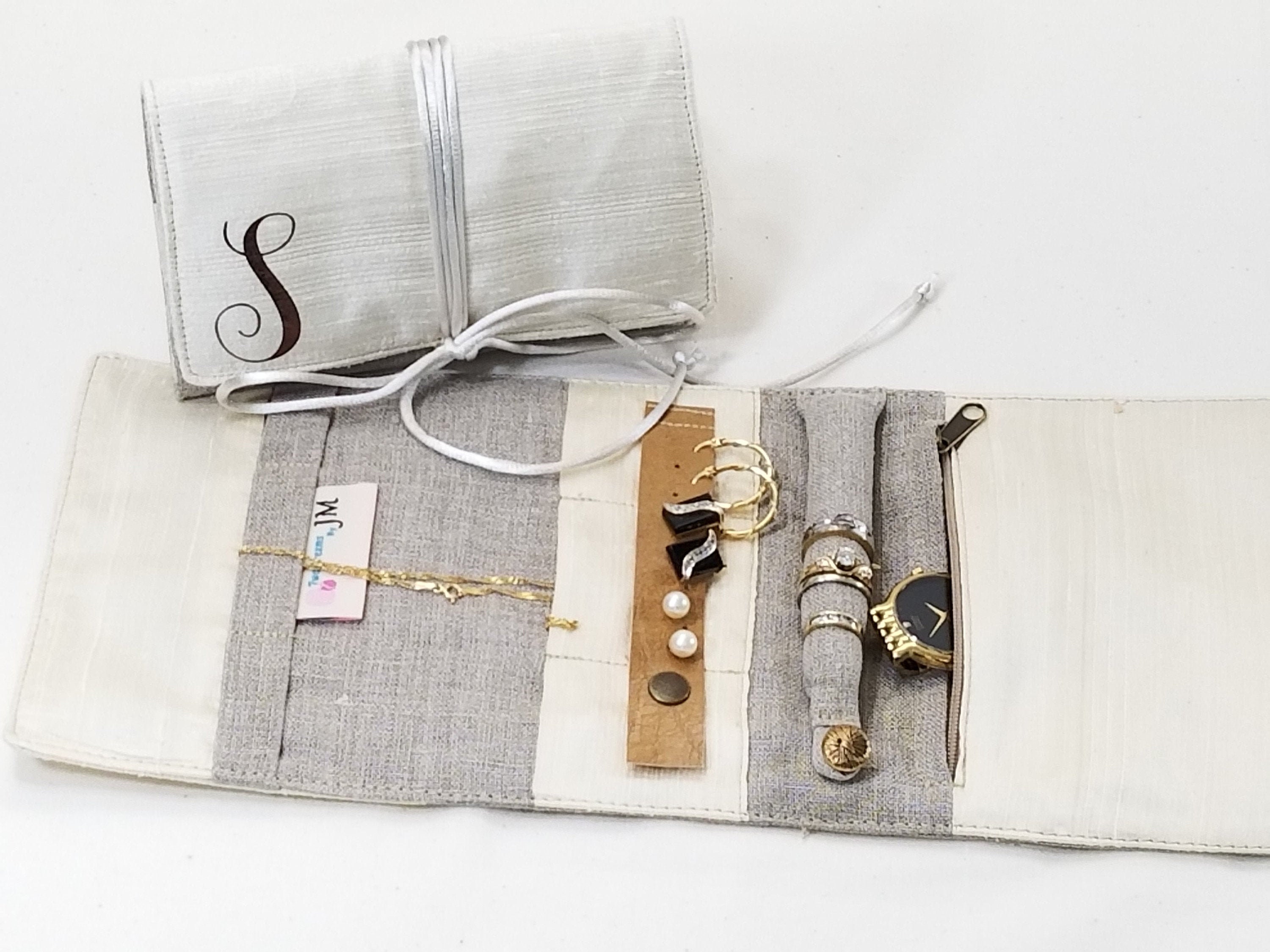 Travel Jewelry Roll Silk Creamy Organizer Jewelry Roll Vinyl Monogram…