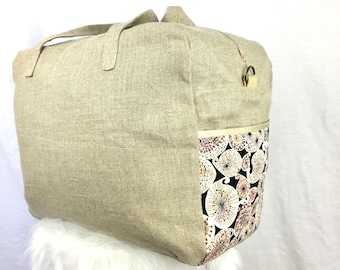 Sac de voyage personnalisable en lin naturel et Liberty Forty, sac week-end en lin, sac week-end personnalisable, cadeau femme, bagage femme