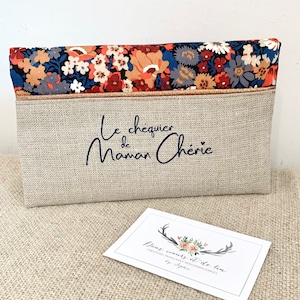 Anpassbarer Scheckhefthalter aus gebranntem orangefarbenem Leinen und Liberty Thorpe, personalisierte Scheckhefthülle, Geschenk für Frauen, Muttertag