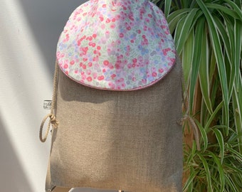 Sac à dos Fille personnalisable lin et Liberty Japonais Wiltshire Fraise, sac à dos fille, sac maternelle, sac crèche, cadeau de naissance