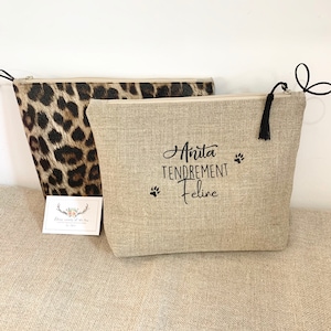 Kulturbeutel aus Leinen mit Leopardenmuster, personalisierter Kulturbeutel, Geschenk Frau, Leopard, Kulturbeutel mit Leopardenmuster, Muttertag