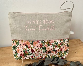 Trousse de toilette personnalisable lin Garden Party, trousse de toilette personnalisée, cadeau naissance, cadeau St-valentin personnalisé