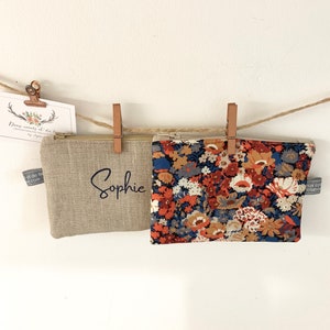 Porte-monnaie Femme personnalisable en lin naturel et liberty thorpe burnt orange, porte monnaie personnalisable, cadeau personnalisé femme