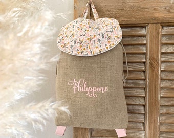 Sac à dos Fille personnalisable lin Fleurs des champs, sac à dos fille, sac maternelle, sac crèche, cadeau de naissance personnalisé