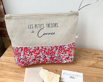 Trousse de toilette personnalisable lin et Liberty Wiltshire rouge, trousse personnalisable, cadeau de naissance, cadeau fête des Mères