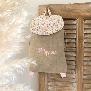 Sac à dos Fille personnalisable lin Fleurs des champs, sac à dos fille, sac maternelle, sac crèche, cadeau de naissance personnalisé