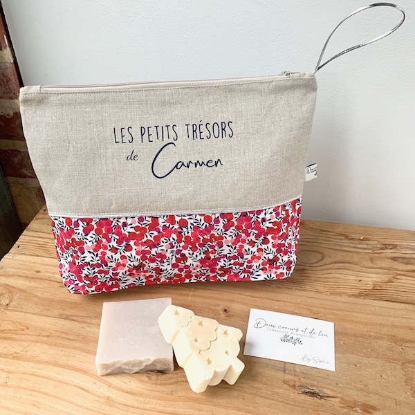 Customizable linen and Liberty Wiltshire red toiletry bag, customizable kit, birth gift, Mother's Day gift