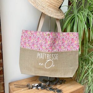 Sac cabas personnalisable lin et Liberty Emma et Georgina Hibiscus, sac cabas, sac liberty fushia, sac personnalisable,  Fête des mères