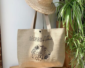 Customizable tote bag in natural linen, personalized tote bag, personalized leopard tote, linen tote, customizable woman gift