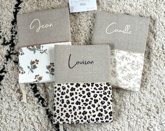 Personalized baby health record book cover in linen and double gauze, personalized leopard print baby health record book, personalized baby gift