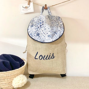 Sac à dos mixte personnalisable lin et Liberty Adelajda bleu marine, sac à dos personnalisé, sac à dos mixte, sac à dos maternelle, crèche