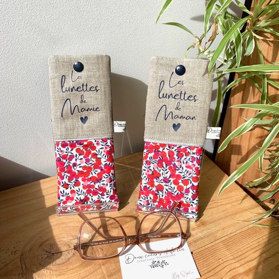 Etui à lunettes personnalisable lin et Liberty rouge, étui à lunettes personnalisé, cadeau femme personnalisé, fête des grands-Mères