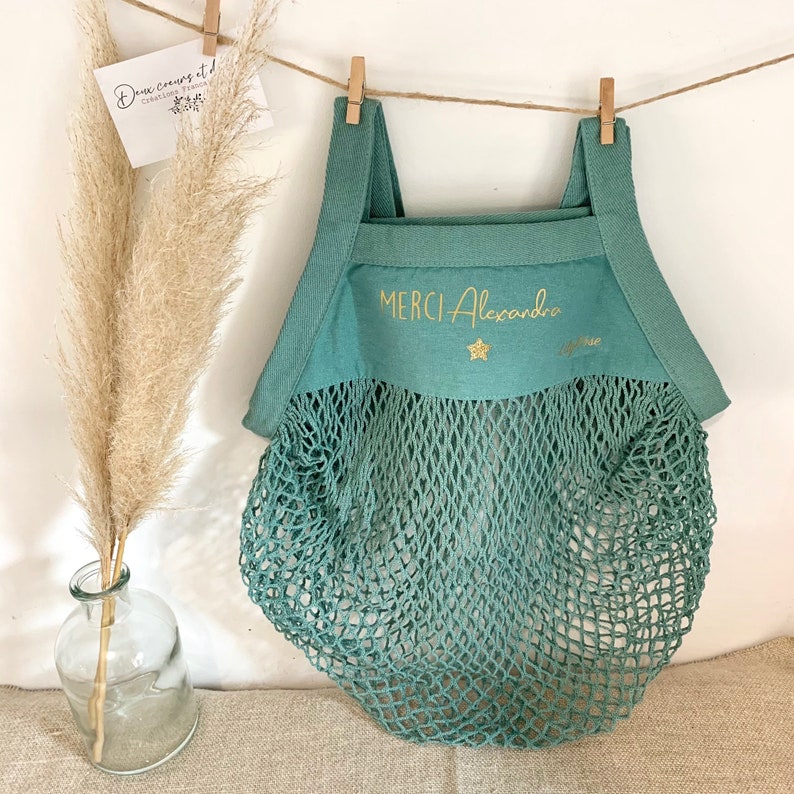 Customizable net, personalized shopping bag, shopping bag, racing net, Mother's Day gift, Mother's Day, Mom gift Vert céladon / Or