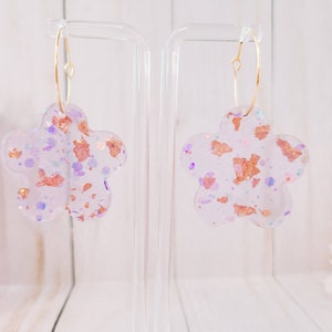 Purple & Rose Gold Flake Floral Gold Hoops, LSU Purple Gold Earrings, Minimalist, Handmade Jewelry, Gold Hoop Earrings, Glitter Hoops
