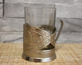 Metal Nickel Tea Glass CUP Holder Coat of Arms USSR Soviet Communist Party