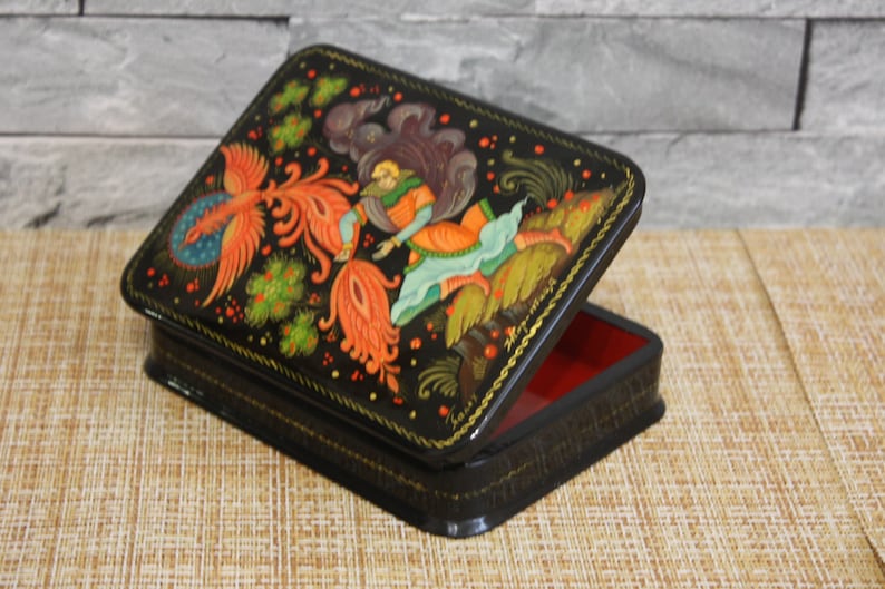 Handmade Trinket Box Russian Folk Tale Vintage Hand Painted Souvenir Firebird Old Jewelry Box Russian Lacquer Box Palekh Painting