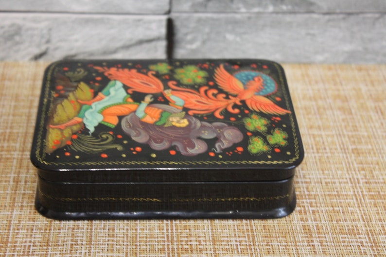 Handmade Trinket Box Russian Folk Tale Vintage Hand Painted Souvenir Firebird Old Jewelry Box Russian Lacquer Box Palekh Painting