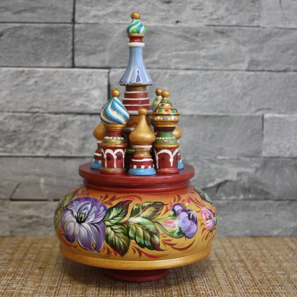 Russische Spieluhr im floralen Design, Handgemachtes Musik Spielzeug, Basilius Kathedrale, russische Volkskunst, einzigartiges Kunst geschenk, handbemaltes Holz