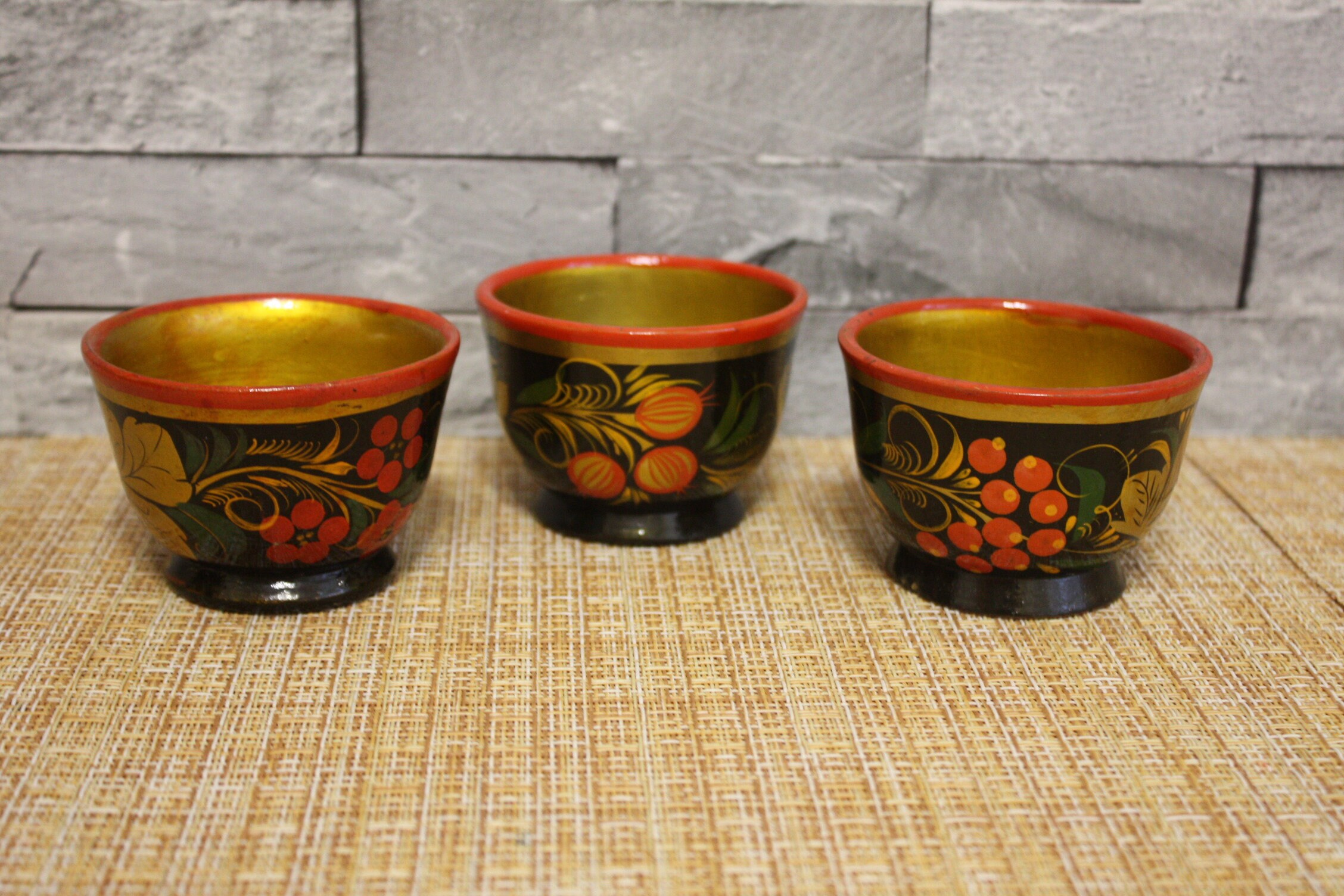Wooden Wine Glasses Set Khokhloma Painting 1970s Vintage Etsy